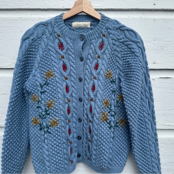 Blue Cable Knit Embroidered Cardigan Sweater - Picture 6 of 11